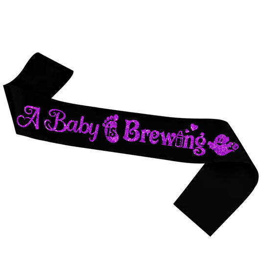 A Baby is Brewing Black Sash - Purple Foil Halloween Theme Baby Shower Gender Reveal Party Accessories - Pregnancy Celebration Party Decoration