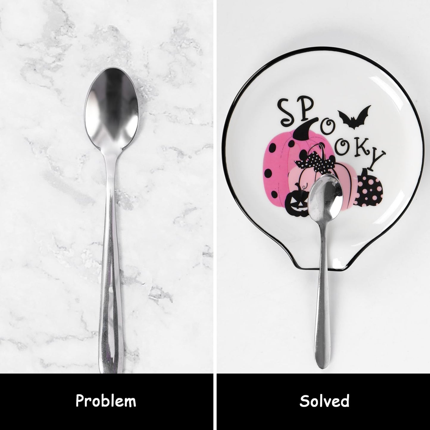 Whaline 2Pcs 4.7inch Halloween Ceramic Spoon Rest Pink Pumpkin Black Cat Small Coffee Spoon Holder for Home Coffee Station Bar Accessories