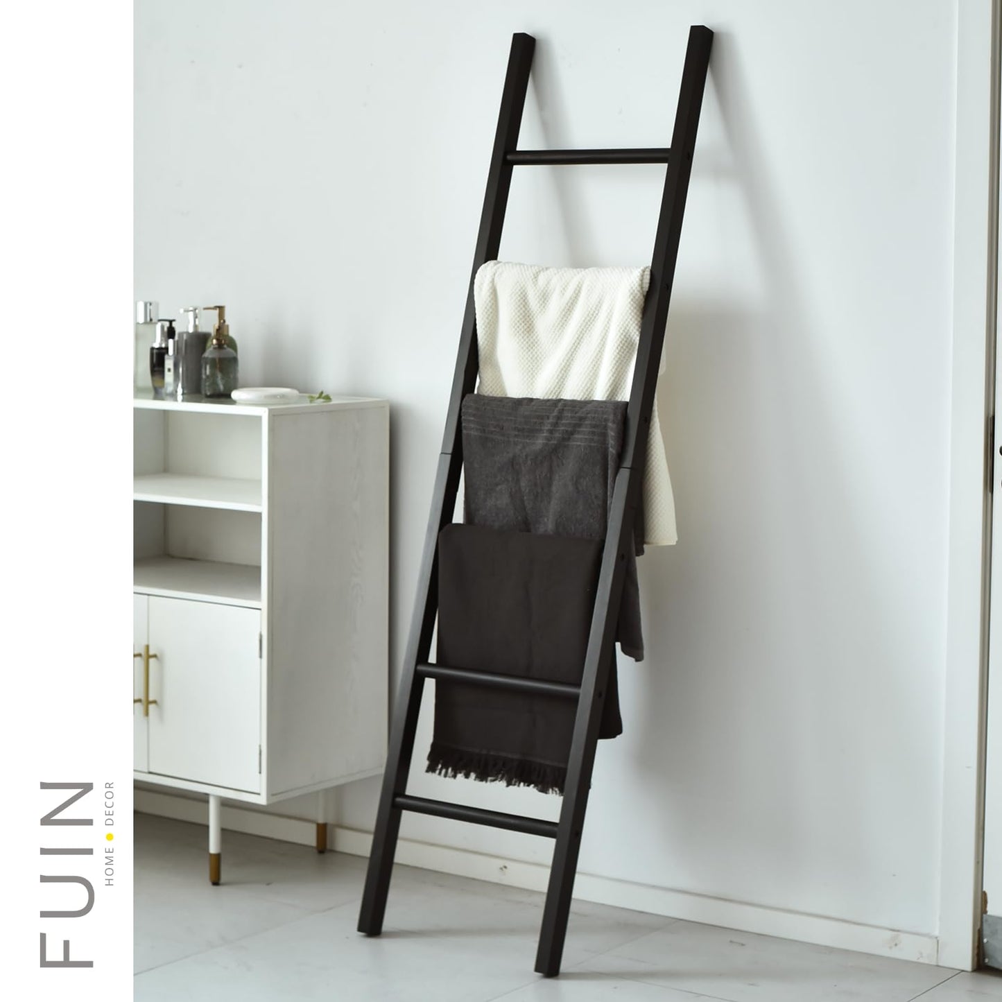 FUIN 6ft Wooden Black Blanket Ladder Living Room Decorative Wall Leaning Farmhouse Quilt Display Holder Rustic Wood Towel Rack for Bathroom