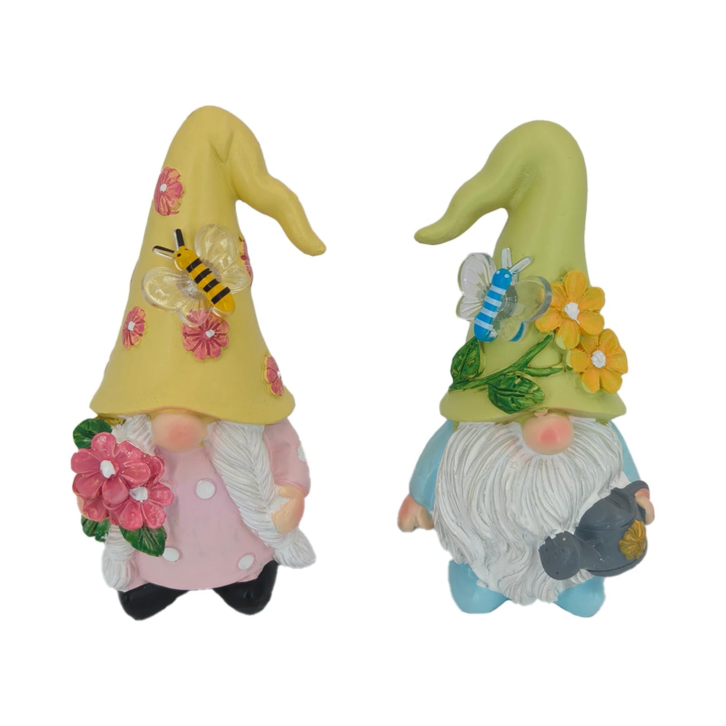 Sampu Craft Summer Decorations for Home Set of 2 Gnome Figurines, Floral Decor with Bee & Butterfly,Yellow Green Hat Resin Statues,4.53 Inch Tall,Deal Gift (Yellow and Green)
