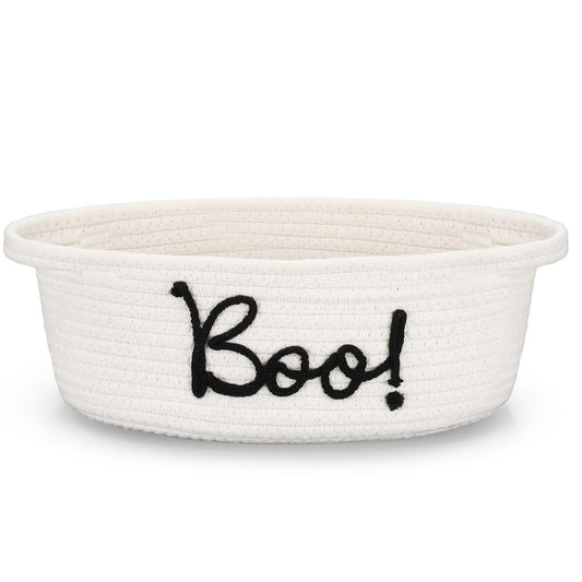 Reallnaive Halloween Boo Woven Basket Cute Storage Spooky Basket with Handle Boo Woven Trick or Treat Gift Organizer for Halloween Party Favors and Decorations Women Men(White,12 x 8 Inch)