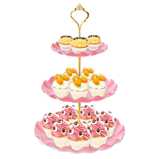3 Tier Cupcake Stand Holder, BACUTHY Plastic Cup Cake Stand Tower with Tiered Serving Tray for Cupcakes, Donuts, Fruits and More, Pink