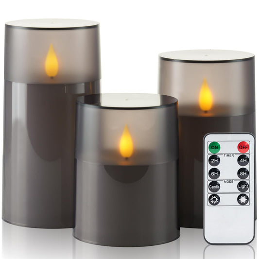 Homemory Flameless Candles Set of 3, Grey Acrylic LED Candles Upgraded Realistic Battery Operated Flames with Remote & Timer, Waterproof for Indoor,Outdoor Decor, Halloween & Christmas Lanterns