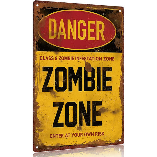 Vintage metal sign "Zombie Zone Danger Sign - Class 9 Infestation Warning - 12x8inch Aluminum Decorative Wall Plaque for Halloween Horror Decor"