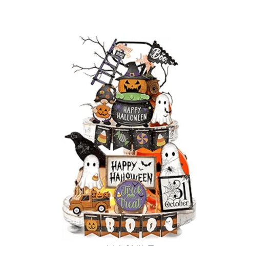 1 Sets Halloween Tiered Tray Decor Set Happy Halloween Wooden Signs Rustic Table Centerpieces Farmhouse Decor for Home Table (Colorful,Tray Not Included)