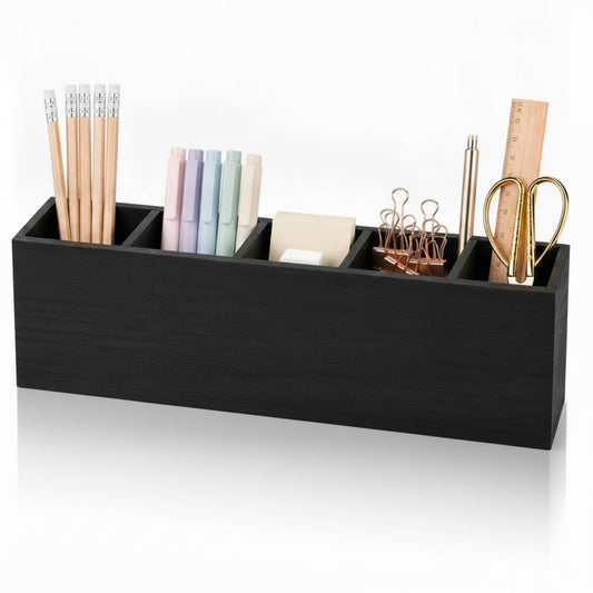 Jetec Wooden Pencil Pen Holder for Desk 5 Compartments Cosmetic Makeup Brush Stationery Office Desktop Organizers for Countertop Adjustable Silverware Caddy for Party, Art Supplies,Home decor(Black)