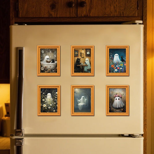 6 Pcs Halloween Refrigerator Magnets Vintage Halloween Wooden Gold Frames Fridge Magnet Stickers Cute Little Ghost & Cat Designs Mini Magnetic Frame Fridge Stickers for Home Cabinets Decor