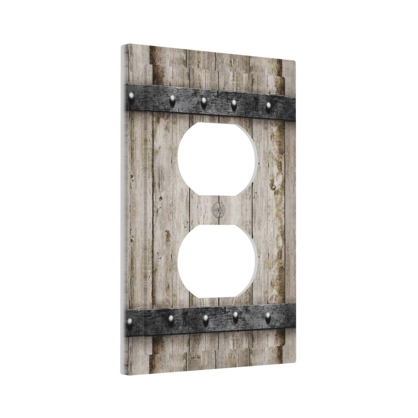 1 Gang Single Duplex Receptacle Outlet Cover Western Barn Rustic Cabin Vintage Brown Wooden Wood Retro Metal Texture Electrical Wall Plate One Gang Dual Device Light Switch Faceplate Socket Plug Cover