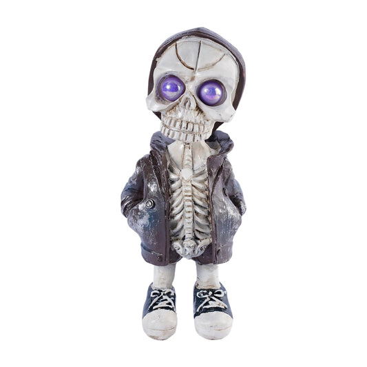 Brizoria Skeleton Decorations Skull Figurine in Hoodie with Purple Eyes Resin Gothic Tabletop Decor Small Skeleton Figure for Halloween Shelf Desk Skull Home Decor Display