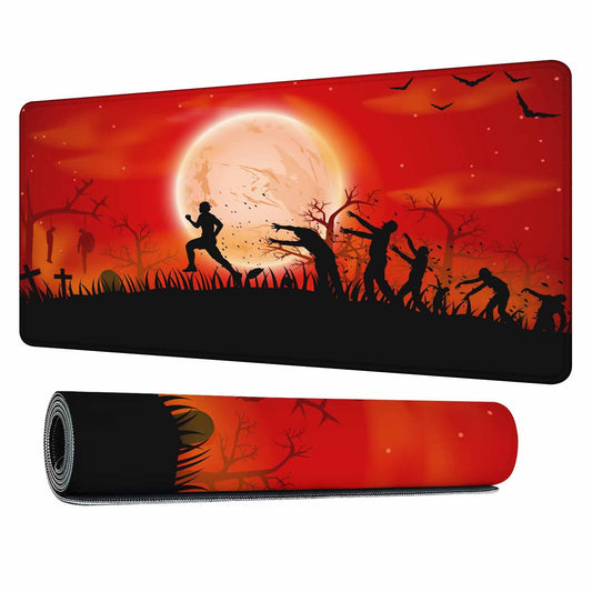 Y YIHANGBEST Zombie Apocalypse Mouse Pad Keyboard Mat Red Sky Full Moon Leafless Trees and Crosses Black Bats Large Gaming Mousepad for Desk,Computer,Office 35.4"X15.7"