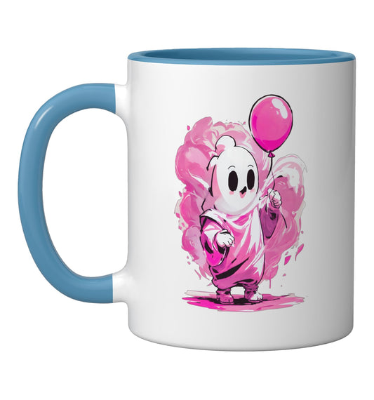 Cute Pink Skeleton Balloon Halloween Graphic Ceramic Mug, Blue/White