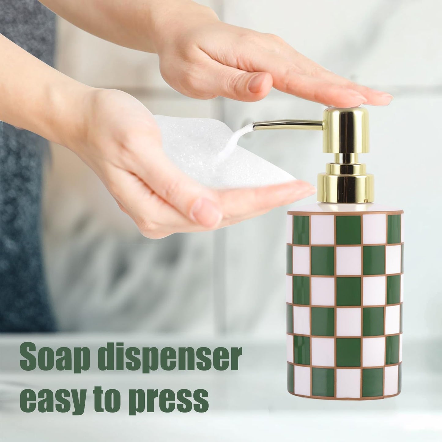 Checkered Bathroom Soap Dispenser,Gold Pump Ceramic Soap Dispenser,Kitchen Checkerboard Empty Pump Bottle,Bath Countertop Storage Organizer,Checkered Bathroom Decor (Green)