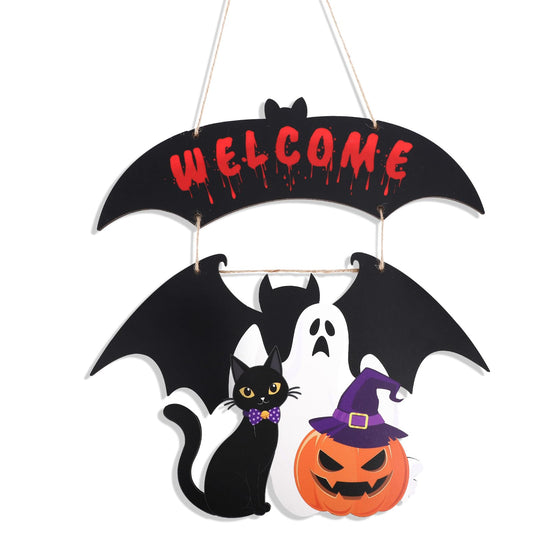 Halloween Door Wreath, Wooden Halloween Ghost Front Door Welcome Wreath Funny Pumpkin Black Cat Hanger Reef Decoration Ideal for Wall Indoor Outdoor Party Decor Supply