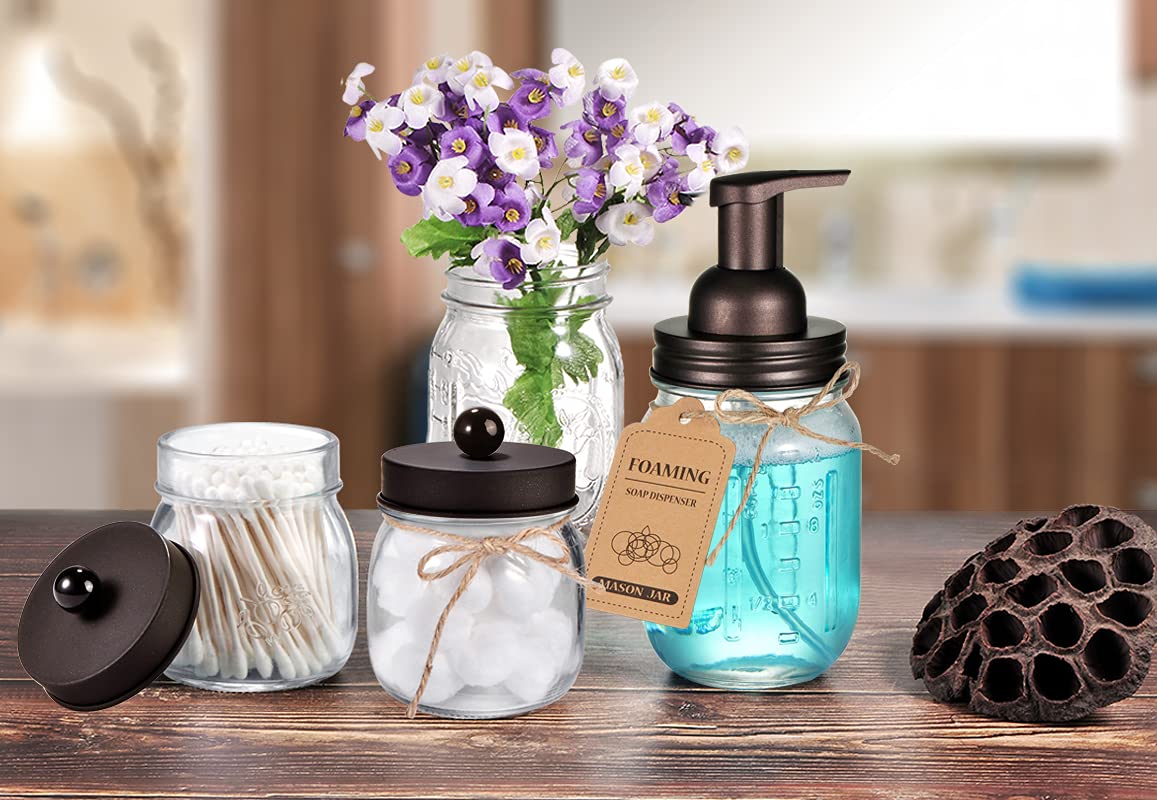 SheeChung Mason Jar Foaming Soap Dispenser-Rustproof Stainless Steel Lid & Foaming Soap Pump, Refill Foam Hand Soap Dispenser Glass for Bathroom Kitchen Vanities, Countertops-Bronze (2 pk)