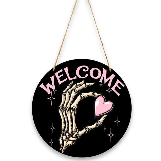 Halloween Skeleton Hand Welcome Door Sign Front for Door Decoration, Horror Pattern Sign 11 inch，Wood Sign for Indoor Outdoor Party, Home Party, Halloween Decorations, Party Supplies-04