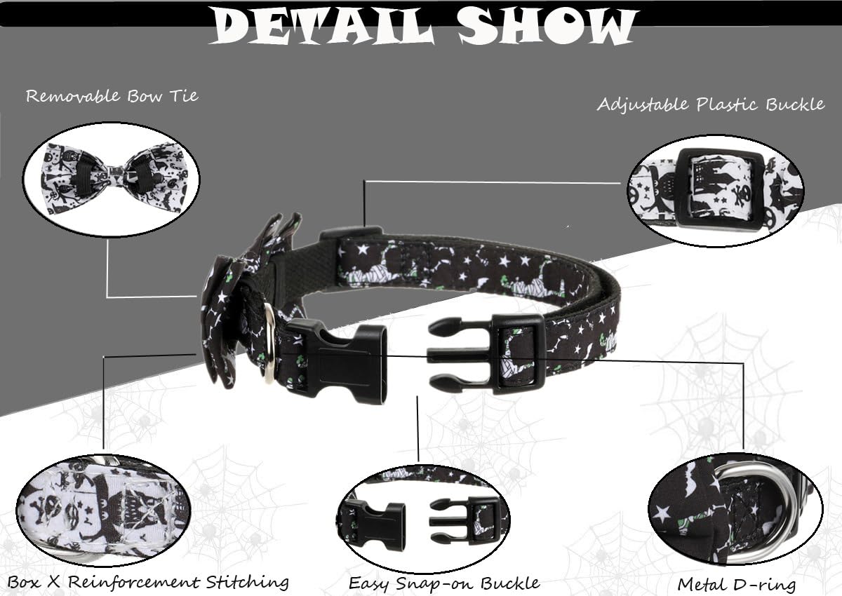 Halloween Dog Bow Tie Collar 2 Pack, Quick Release Spooky Collar for Large Size Dogs