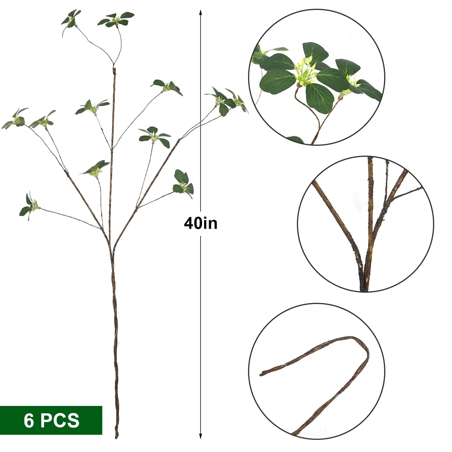 6Pcs 40'' Long Faux Plant Branches with Artificial Leaves & Seeds Greenery Eucalyptus Branches Realistic Plants Stems Fake Ficus Twig Vase Decors for Home Wedding Holiday & Seasonal DIY Craft Decors