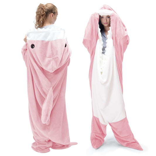 Shark Blanket Onesie for Adult Super Soft Cozy Flannel Throw Wearable Blanket Hoodie, Cartoon Animals Shark, Sleeping Bag Cosplay Shark Costume Blanket Gifts for Shark Lovers (Pink,S)