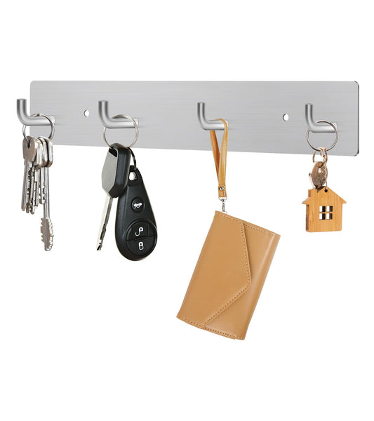 RELBRO Key Holder Wall Mount, Large Metal Self Adhesive Key Rack with 4 Hooks, 2 Installation Options, Silver