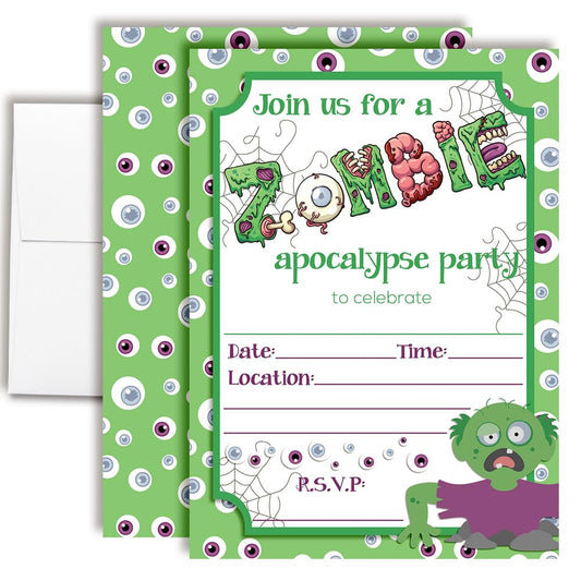Zombie Apocalypse Halloween Birthday Party Invitations, 20 5x7 Fill In Cards with Twenty White Envelopes by AmandaCreation