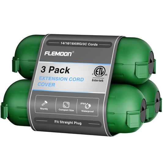 Flemoon [3 Pack] Outdoor Extension Cord Safety Cover, IPX4 Weatherproof Electrical Box to Protect Outdoor Outlet, Plug, Socket, Halloween, Christmas Holiday Decoration Light, Green