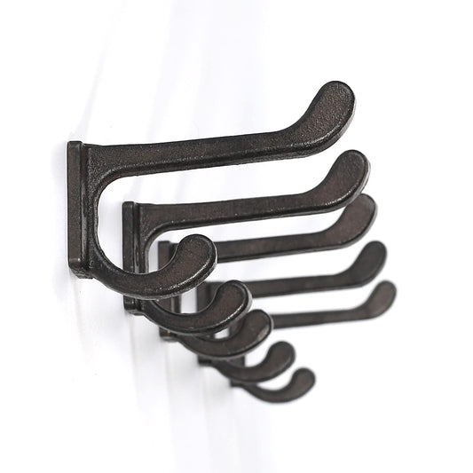 Ambipolar 5 Pack Decorative Cast Iron Heavy Duty Double Hooks, Wall Mounted Coat Hooks, Vintage Inspired (Antique Black) (Modern Type)