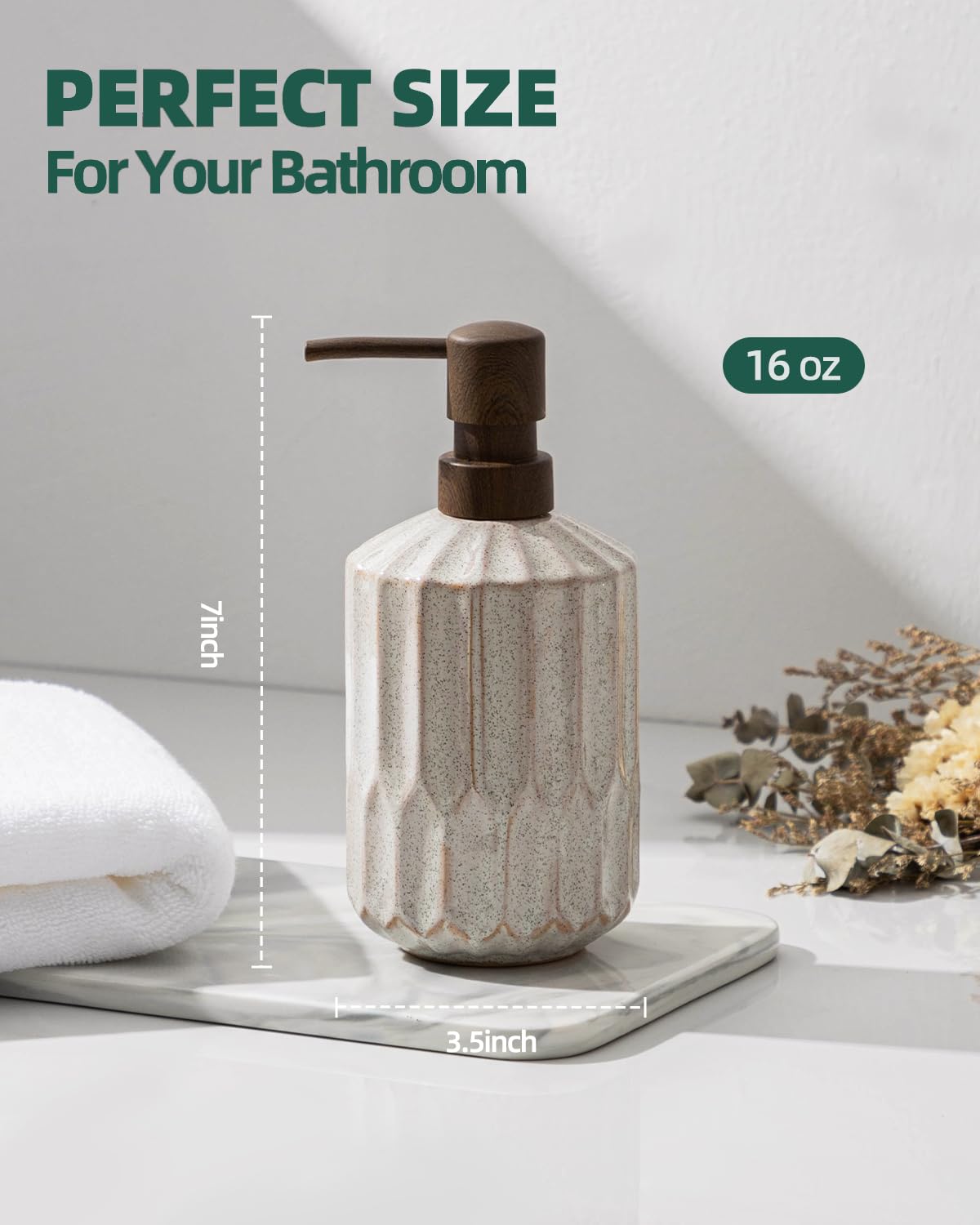 Bathroom Soap Dispenser, 16 Oz Luxurious Hand soap Dispenser for Bathroom, Ceramic Liquid Soap Dispenser for Bathroom Countertop with Plastic Pump, Silicone Funnel (Wooden Color Pump)