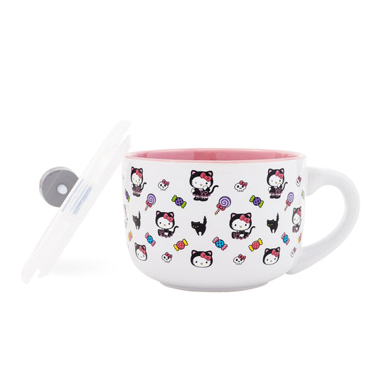 Silver Buffalo Sanrio Hello Kitty Black Cat Ceramic Soup Mug with Vented Lid For Ice Cream, Cereal, Beverages | Holds 24 Ounces