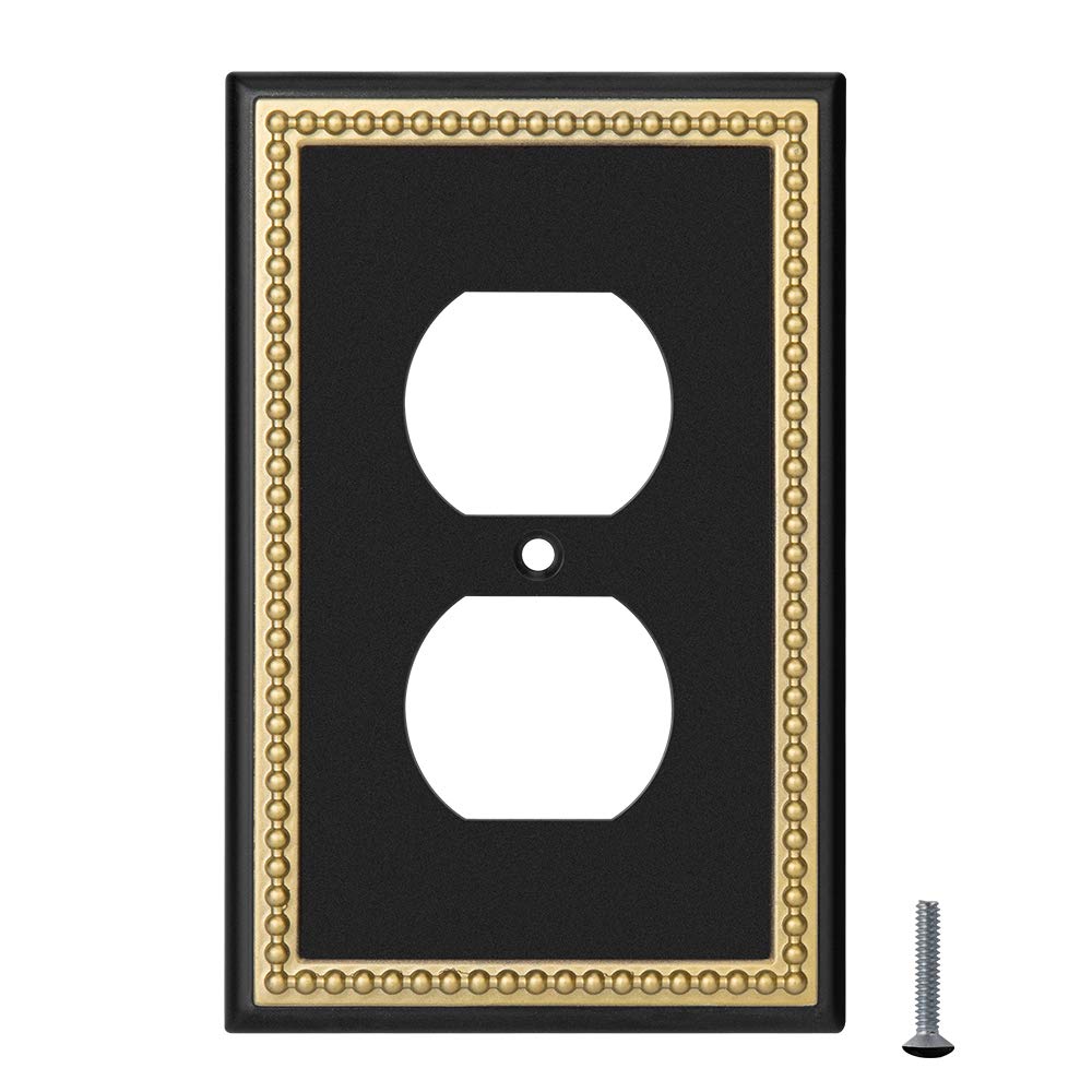 Pearled Frame Decorative Wall Plate Switch Plate Outlet Cover (Single Duplex 2PK, Black & Dark Golden)
