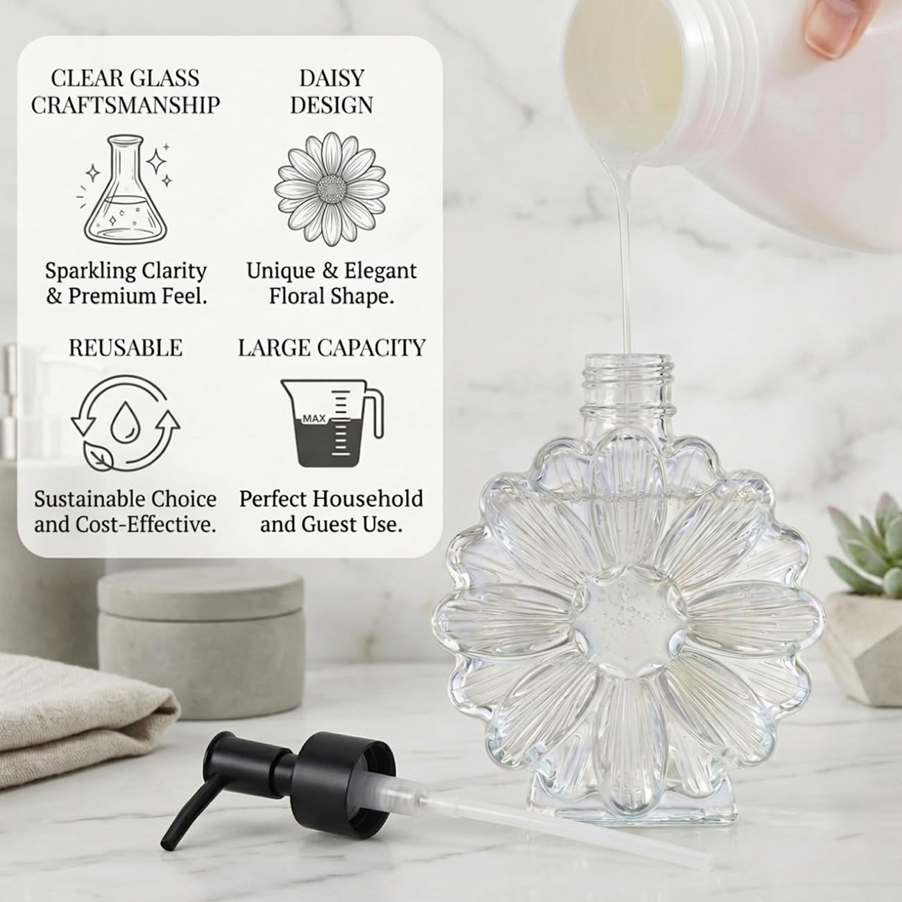 Aniced Flower Clear Glass Soap Dispenser Liquid Hand Countertop Cute Retro Floral Decorative Lotion Dispensers Refillable Hand Pump for Bathroom Kitchen Toilet Sinks Countertops 17 Oz (Black)