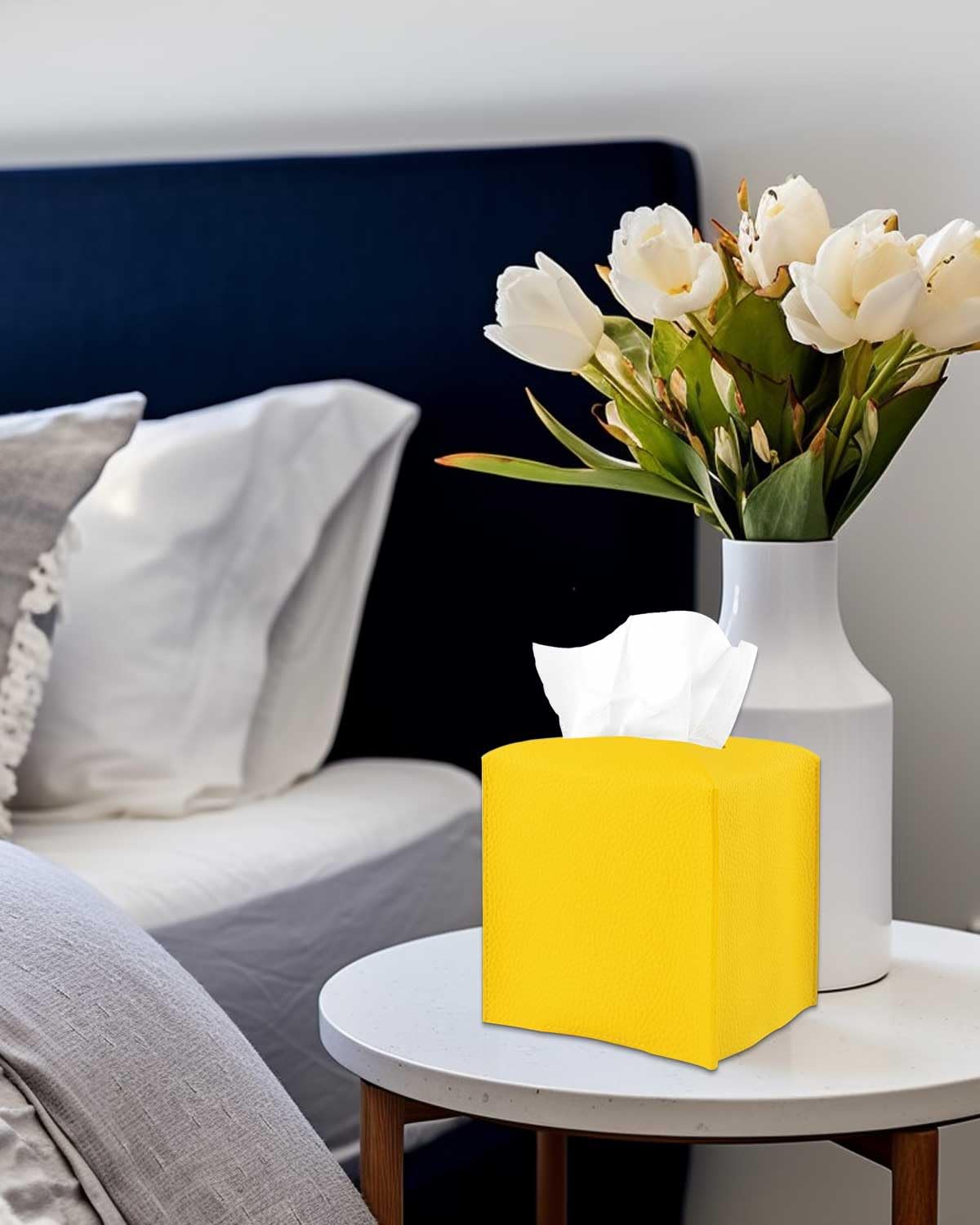 Yellow Tissue Box Cover Holder – with Bottom Belt [JESMINI, Lemon Yellow] Modern PU Leather Tissues Cube Box Cover Decorative for Bathroom Vanity Countertop/Night Stands/Office Desk, 5x5x5