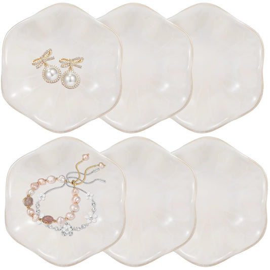 Toyosport 6 Pcs Ceramic Jewelry Dishes, Lotus Leaf Ring Dishes, Small Trinket Trays, White Pottery Plates, Gold-Trimmed Jewelry Holders, Cute Key Bowls for Nightstand Decor