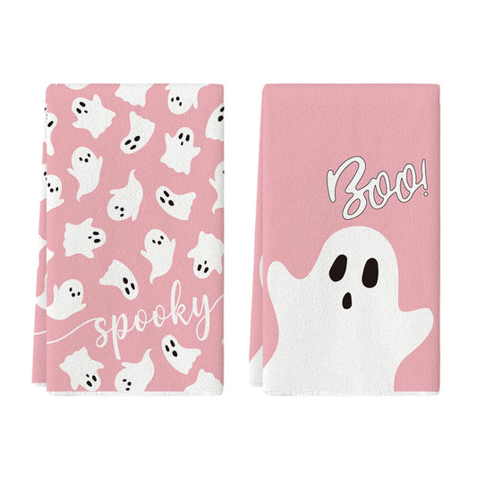 Artoid Mode Pink Ghost Spooky Halloween Kitchen Towels Dish Towels, 18x26 Inch Boo Decoration Hand Towels Set of 2