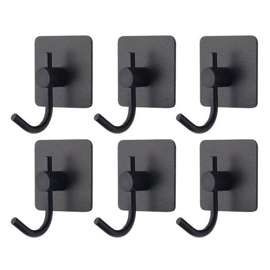 VAEHOLD 6 Pack Adhesive Wall Hooks, Heavy Duty Sticky Holder Aluminum Towel Hooks for Hanging Coat, Hat, Key, Clothes, Closet Hook Wall Mount for Kitchen, Bathroom, Office (Black)