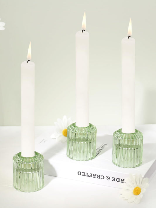 CHOCSTAY 3 Pcs Reversible Green Glass Candle Holders for Taper Tealight LED