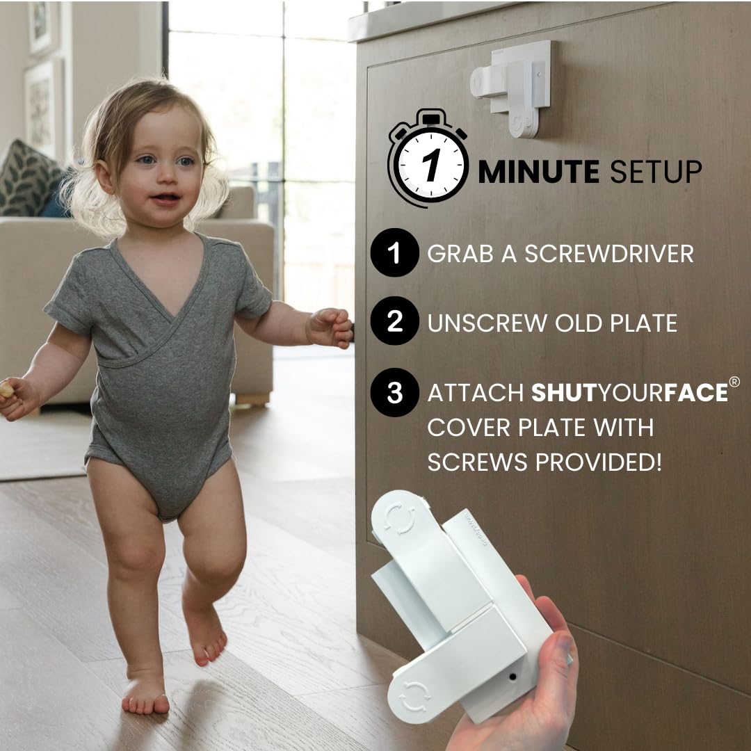 Self-Closing Outlet Cover Plate System by Geddy’s Mom – Automatic Child Safety that Covers Outlets When Unplugged, Shut Your Face, Easy Install, Award-Winning Baby Proofing for 1-Screw Duplex Outlets