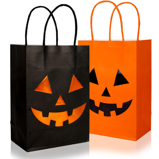JarThenaAMCS 24Pcs Halloween Kraft Paper Bags with Handles Evil Pumpkin Gift Bags Orange Black Pumpkin Candy Goodie Bag for Birthday Trick or Treat Party Supplies
