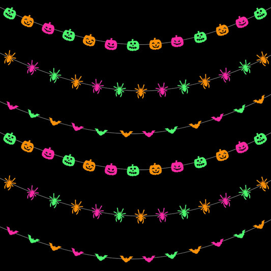 Halloween Party Decorations Neon Banner - 3pcs Glow in The Dark Paper Pumpkin Bats Spiders Hanging Swirls Streamers,Window Fireplace Room Ceiling Garland, Baby Shower Birthday Supplies Decor Panduola