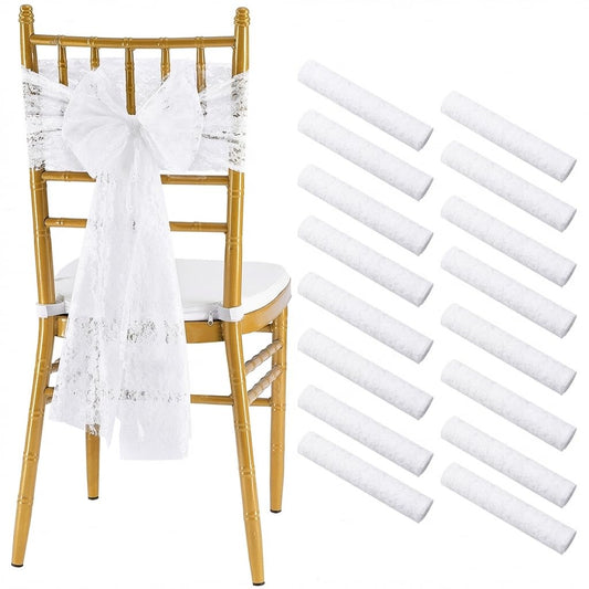 QueenDream Boho White Lace Chair Sashes: 16 Pack 9.5 x 94.5 Inch Vintage Chair Covers - Embroidered Chair Bows for Wedding Aisle Bridal Party Decoration