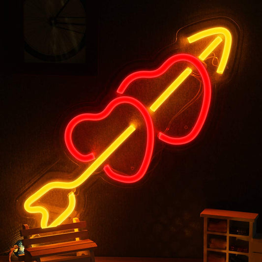 OYE HOYE Cupid's Arrow Heart Neon Sign, Large Pink & Warm White LED Neon Light, USB Powered Wall Decor for Bedroom, Wedding, Valentine's Day, Anniversary, Romantic Aesthetic Gift (16.9"x9.1")