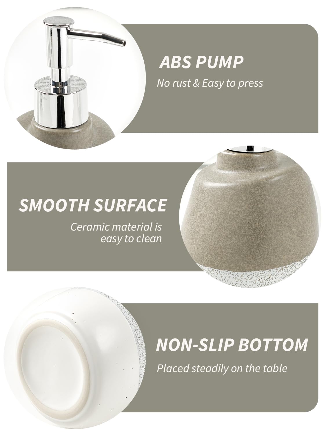 KERMANDO Ceramic Soap Dispenser – 16oz Refillable Lotion or Liquid Soap Bottle with Pump, Grey and White Speckled Glaze, Modern Ceramic Bathroom and Kitchen Countertop Accessory