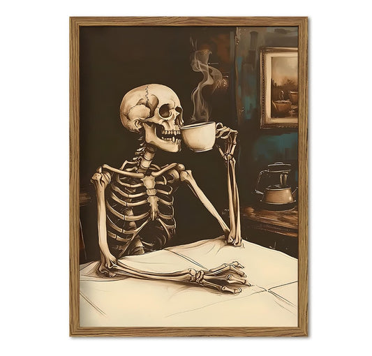 Funny Skeleton Coffee Bar Wall Art Whimsical Skull Drinking Coffee Wall Decor Picture Vintage Gothic Cafe Bar Accessories Poster Canvas Prints for Living Room Kitchen 12x16 inch Wood Framed