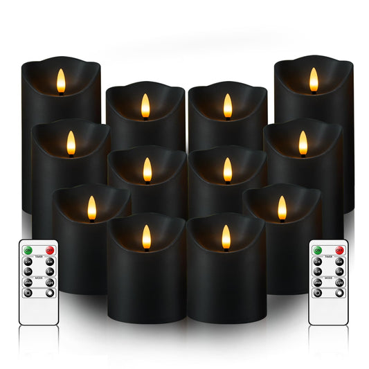 kakoya Flameless LED Candles Battery Operated with Remote and Timer,Flickering Electric Fake Plastic Pillar Candles Set of 12(D3 x H 3" 4" 5") Black
