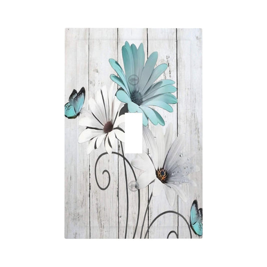 Teal Daisy Vintage Flower Butterfly Rustic Wooden Print Decorative Light Switch Cover 1 Gang Single Toggle Device Electrical Faceplate Switchplates Decorator Outlet Wall Plate for Farmhouse Home Decor