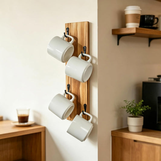 Yohsnor Coffee Mug Wall Rack - Stylish Wooden Cup Holder & Wall-Mounted Organizer with Hooks | Perfect Storage Solution for Small Spaces & Kitchen Coffee Corners