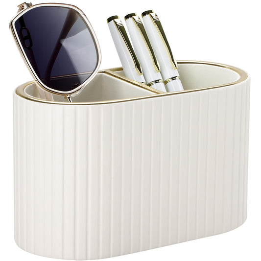 KINGFOM PU Leather Desk Organizer Pen Holder – Dual-Compartment Stylish Pencil Cup Remote Control Holder Desktop Supplies and Accessories Organizer Caddy for Office Home School (Light Beige)