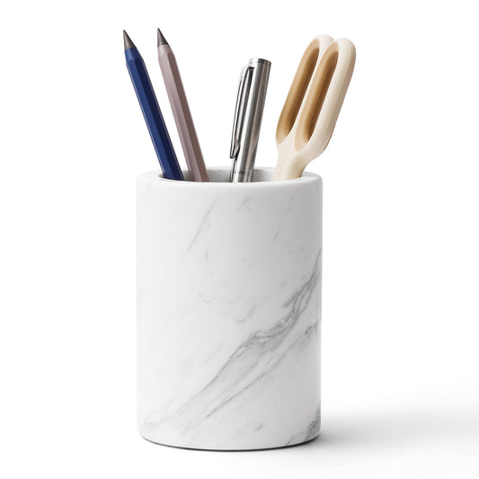 WORHE Natural Marble Pen Holder for Desk, Handcrafted Volakas Sturdy Desk Organizer for Office Supplies Storage Desktop Stationary Makeup Brushes Cup Pencil Holders for Home White (DL002)