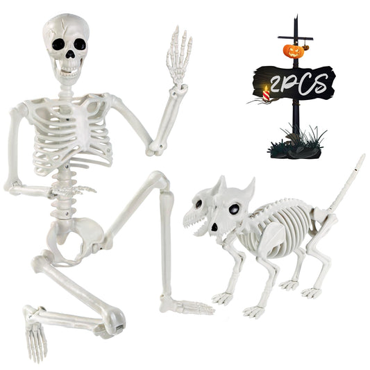YUJUN 36'' Halloween Skeleton Decoration with 2Head Dog Skeleton, Full Body Posable Skeleton Realistic Plastic Bones Movable Joints for Halloween Party Yard Haunted House Props Indoor Outdoor Decor