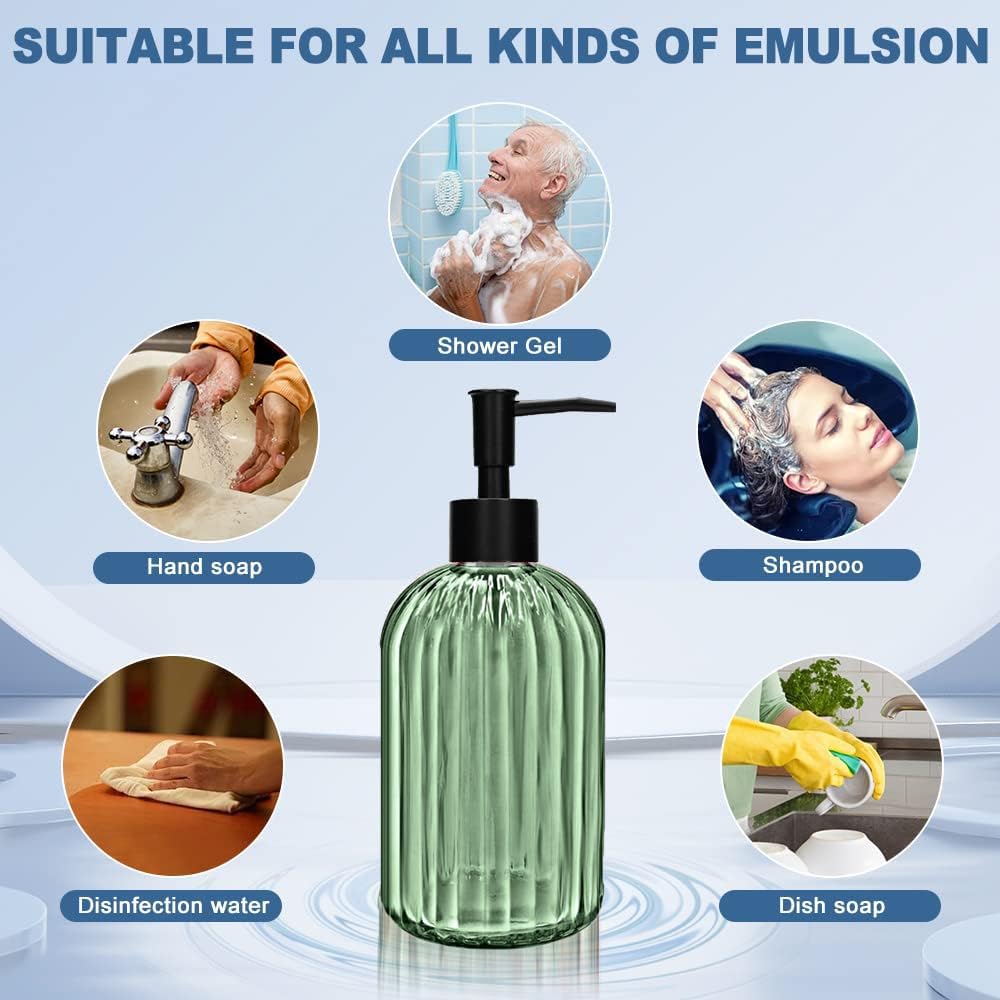 2 Pack 14oz Glass Soap Dispenser with Black Pump – Refillable for Hand Soap, Dish Soap, Lotion, Suited for Kitchen, Bathroom & Laundry Room(Olive Green)