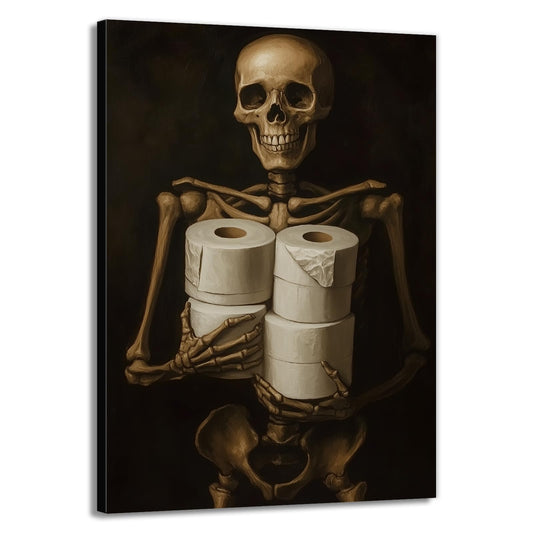 Gothic Skull Wall Art Funny Skeleton with Toilet Paper Canvas Print Vintage Skull Painting Framed Artwork for Living Room Home Halloween Wall Decor(Artwork-8,12"x18")